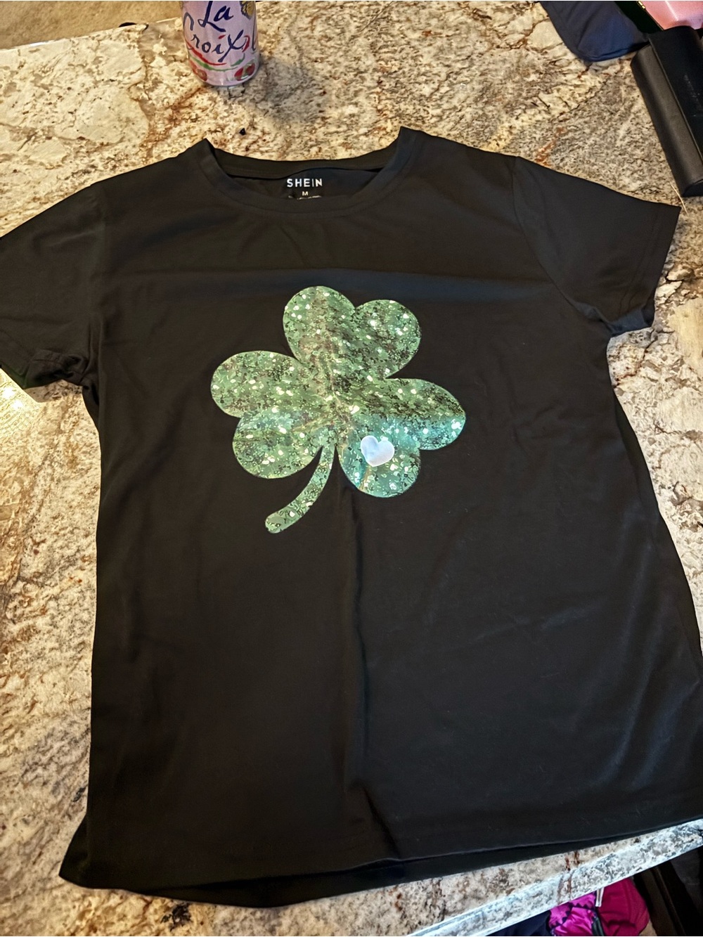 SHEIN Black Tee with Green Sequin Shamrock